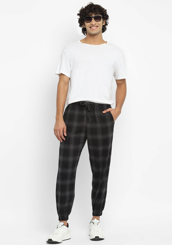 Flannel Black Grey Checked Jogger Pants For Men