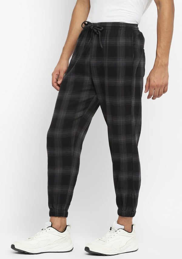 Flannel Black Grey Checked Jogger Pants For Men