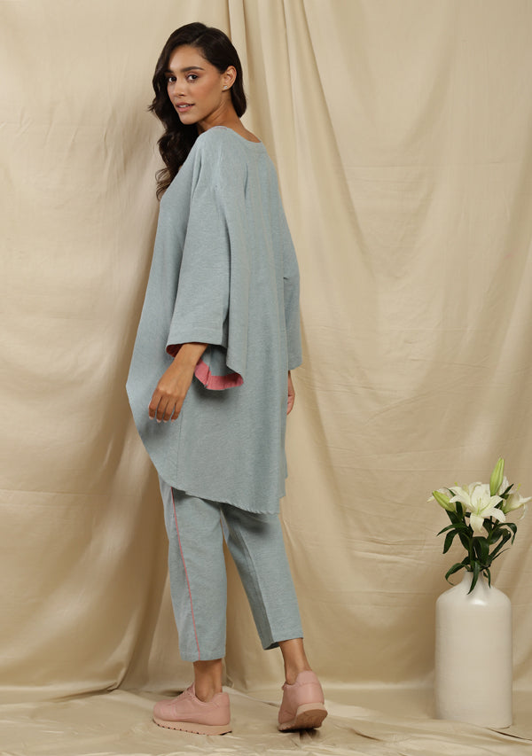 Flannel Blue Asymmetric  Co-ord Set with Contrast Pink Trimmings