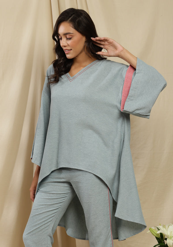 Flannel Blue Asymmetric  Co-ord Set with Contrast Pink Trimmings
