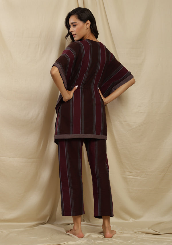 Flannel  Maroon Grey Striped Short Kaftan With Pyjamas