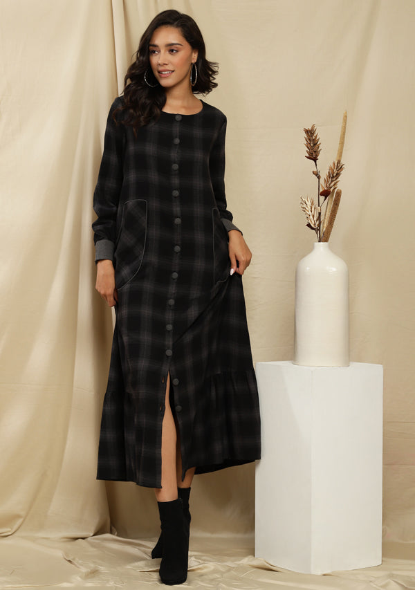 Flannel Black Grey Checked Long Dress With gathered Hemline
