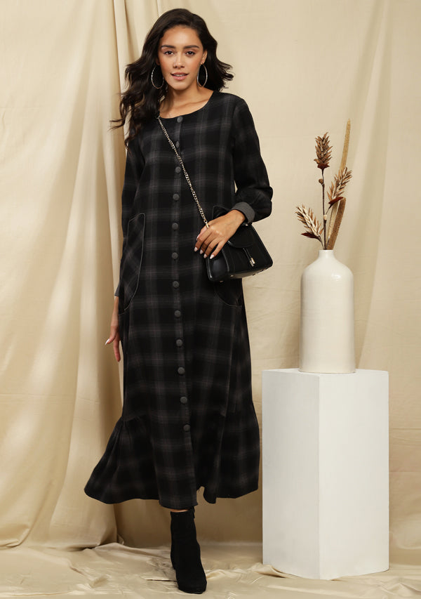 Flannel Black Grey Checked Long Dress With gathered Hemline