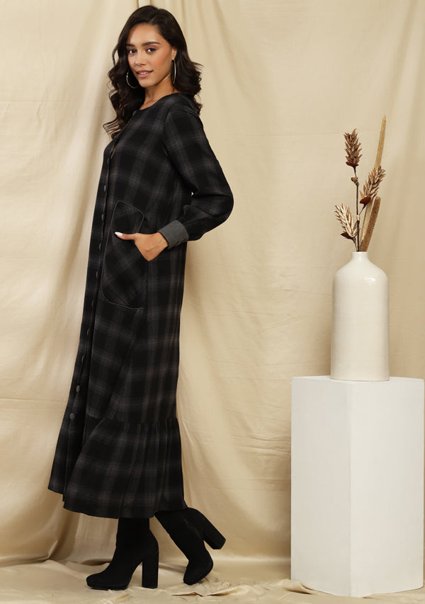 Flannel Black Grey Checked Long Dress With gathered Hemline