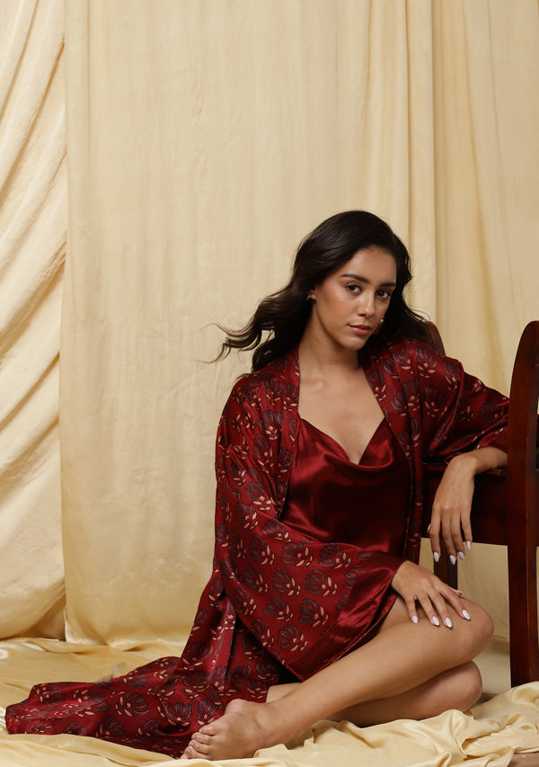 Embrace Deep Red Short Nightdress paired with Matching Handblock Printed Mushru Gown