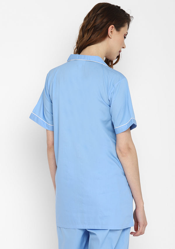 Blue Collared Short Sleeve Cotton Night Suit paired  with Capris