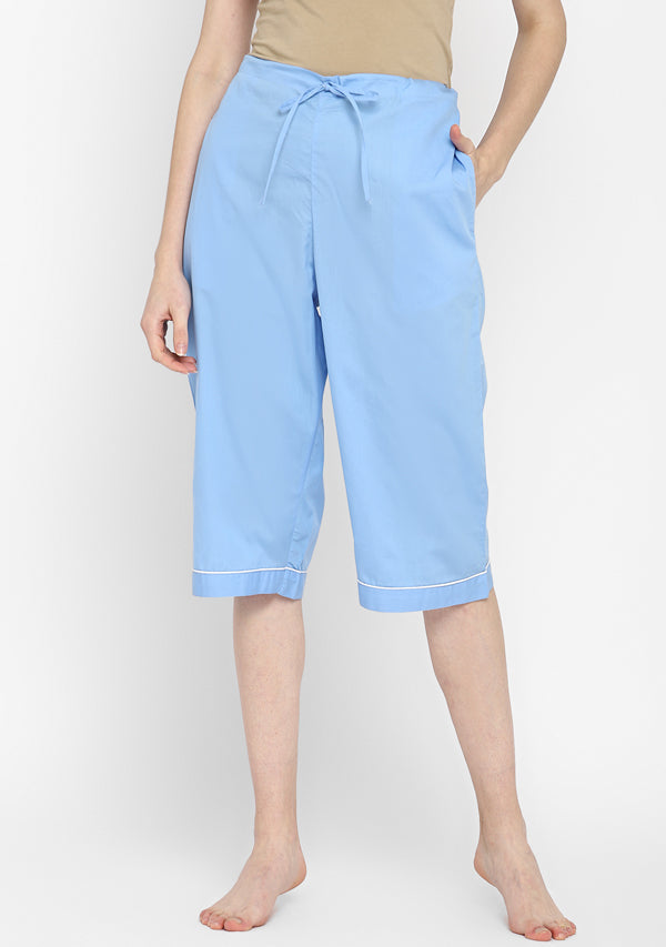Blue Collared Short Sleeve Cotton Night Suit paired  with Capris