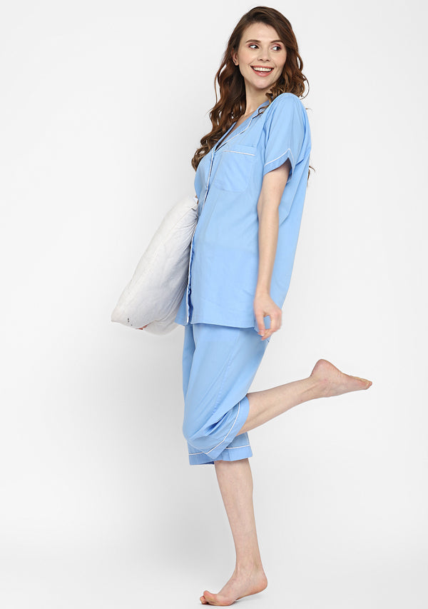 Blue Collared Short Sleeve Cotton Night Suit paired  with Capris