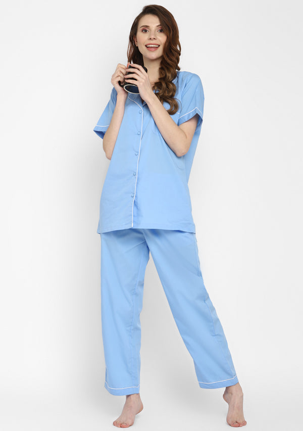 Blue Collared Short Sleeve Cotton Night Suit paired  with Pyjamas