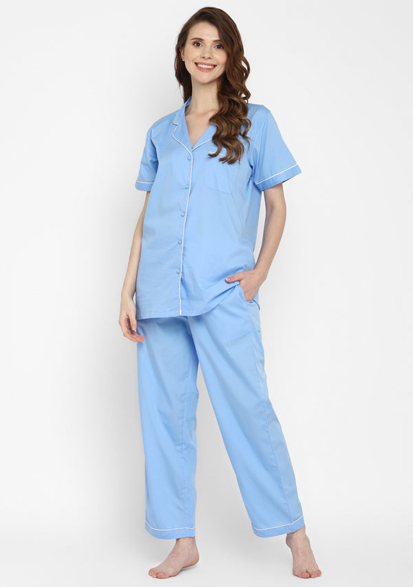 Blue Collared Short Sleeve Cotton Night Suit paired  with Pyjamas