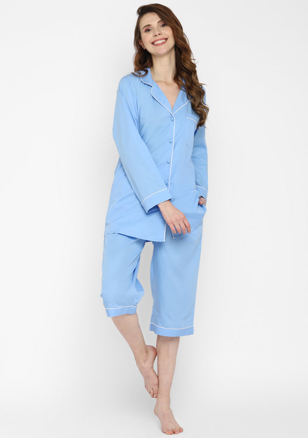 Blue Collared Long Sleeve Cotton Night Suit paired  with Capris