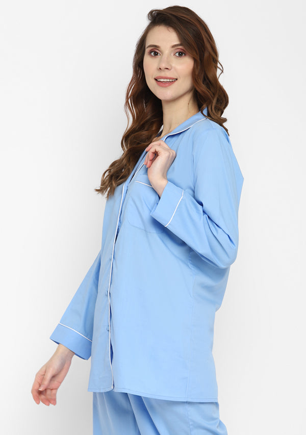 Blue Collared Long Sleeve Cotton Night Suit paired  with Capris