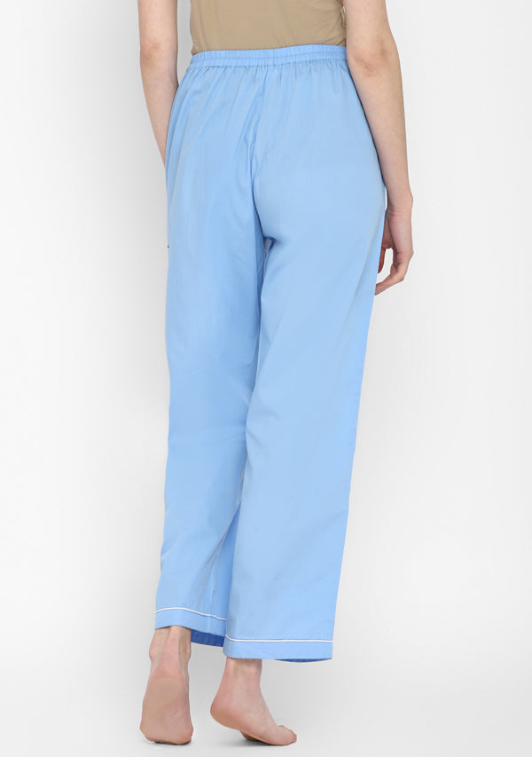 Blue Collared Long Sleeve Cotton Night Suit paired  with Pyjamas