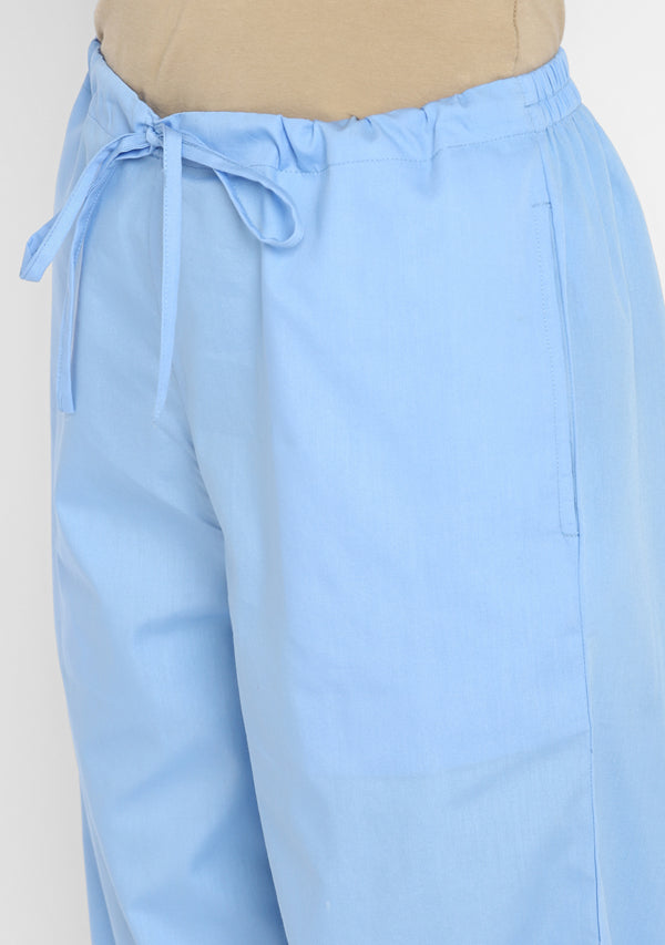 Blue Collared Long Sleeve Cotton Night Suit paired  with Pyjamas