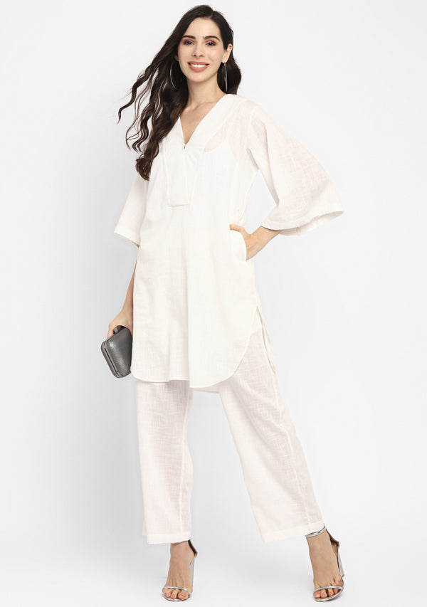 White Cotton Co-ord Set paired with Pants