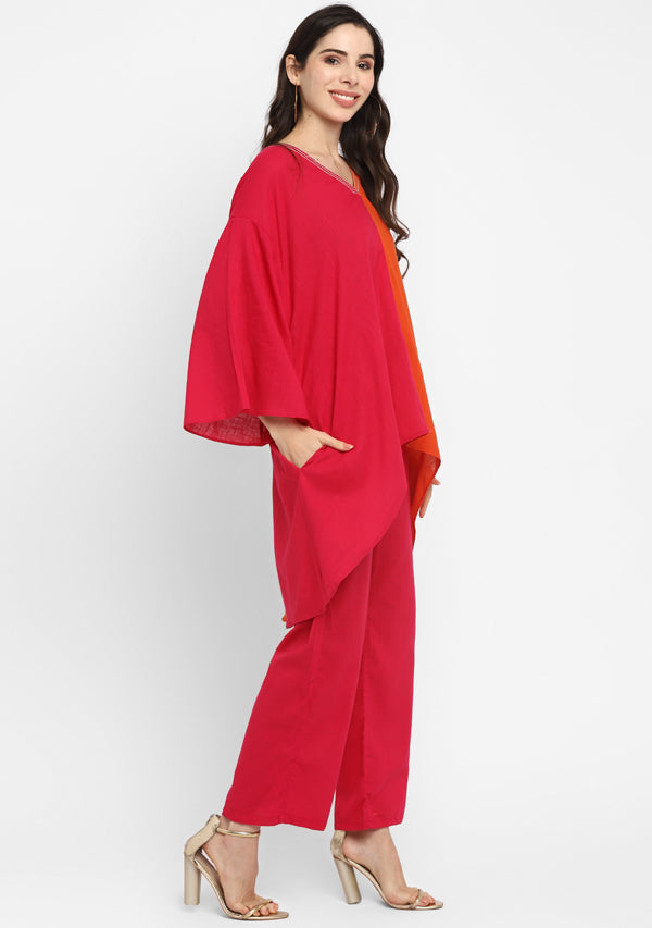 Fuchsia Orange Asymmetric Cotton Co-ord Set