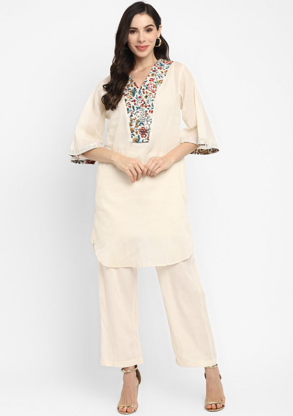 White Cotton Co-ord Set with Multicolour Floral Trimmings paired with Pants