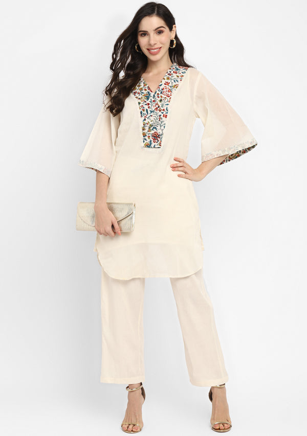 White Cotton Co-ord Set with Multicolour Floral Trimmings paired with Pants