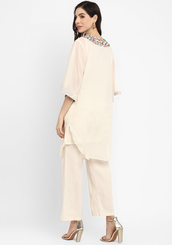 White Cotton Co-ord Set with Multicolour Floral Trimmings paired with Pants