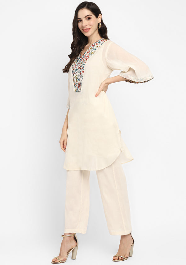 White Cotton Co-ord Set with Multicolour Floral Trimmings paired with Pants