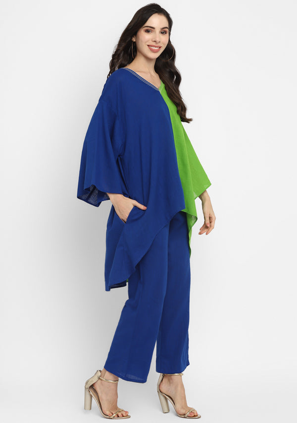 Royal Blue and Parrot Green Asymmetric Cotton Co-ord Set