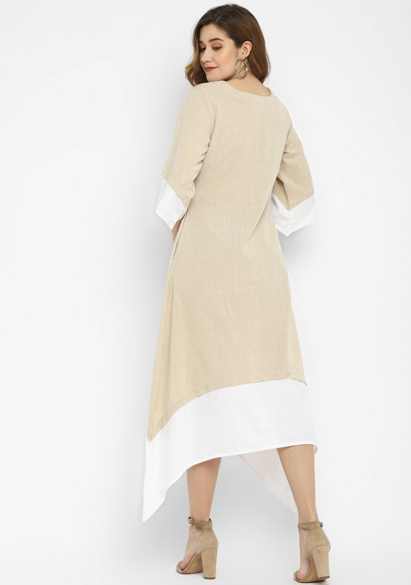 Beige and White Layered Side Tail Cotton Dress