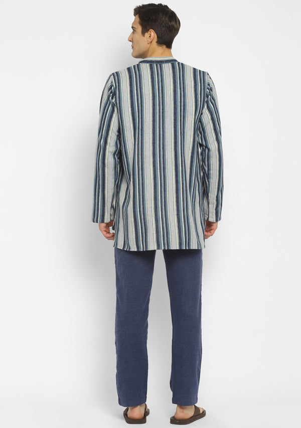 Flannel Blue Grey Striped Shirt and Cotton Pyjamas For Men