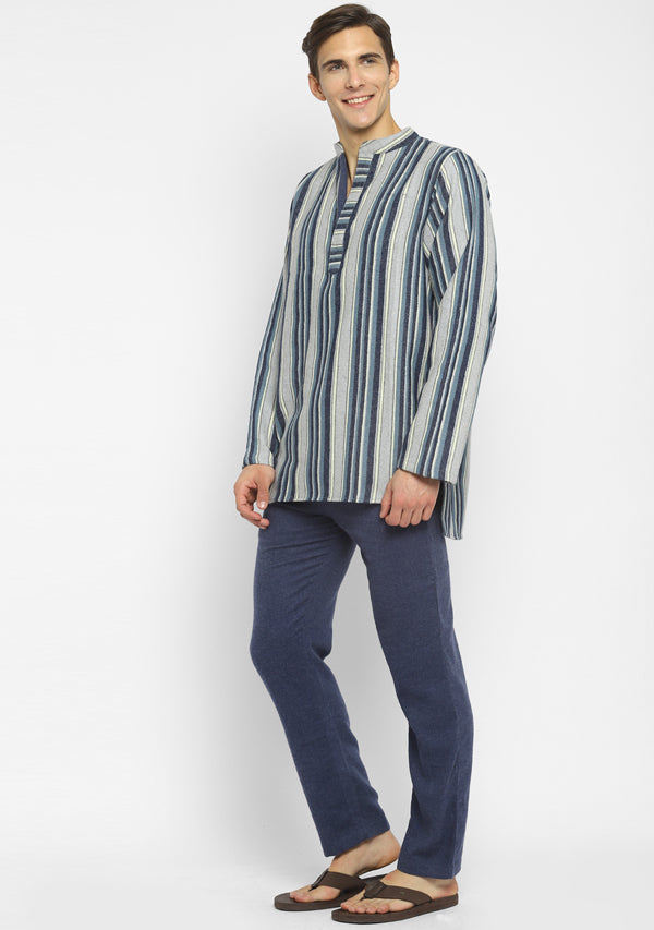 Flannel Blue Grey Striped Shirt and Cotton Pyjamas For Men