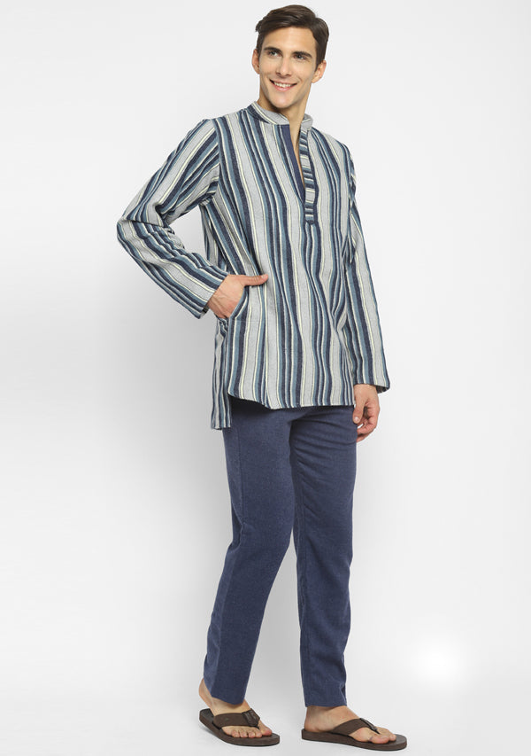 Flannel Blue Grey Striped Shirt and Cotton Pyjamas For Men