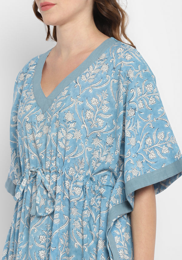 Smoke Blue White Hand Block Floral Printed V-Neck Cotton Kaftan
