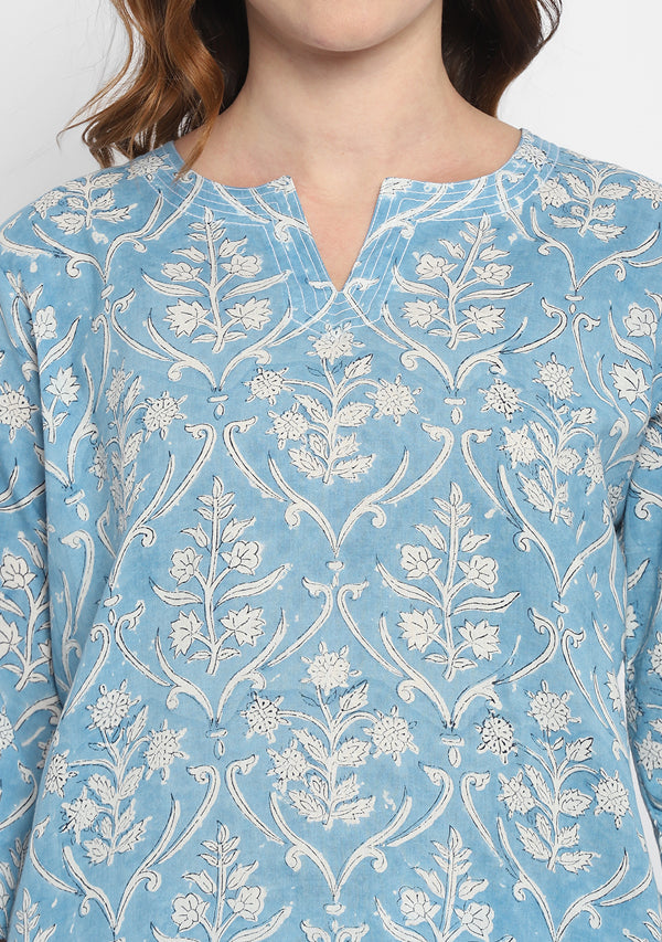 Blue White Hand Block Mughal Printed Cotton Night Suit