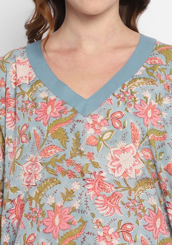 Smoke Blue Pink Hand Block Floral Printed V-Neck Cotton Kaftan
