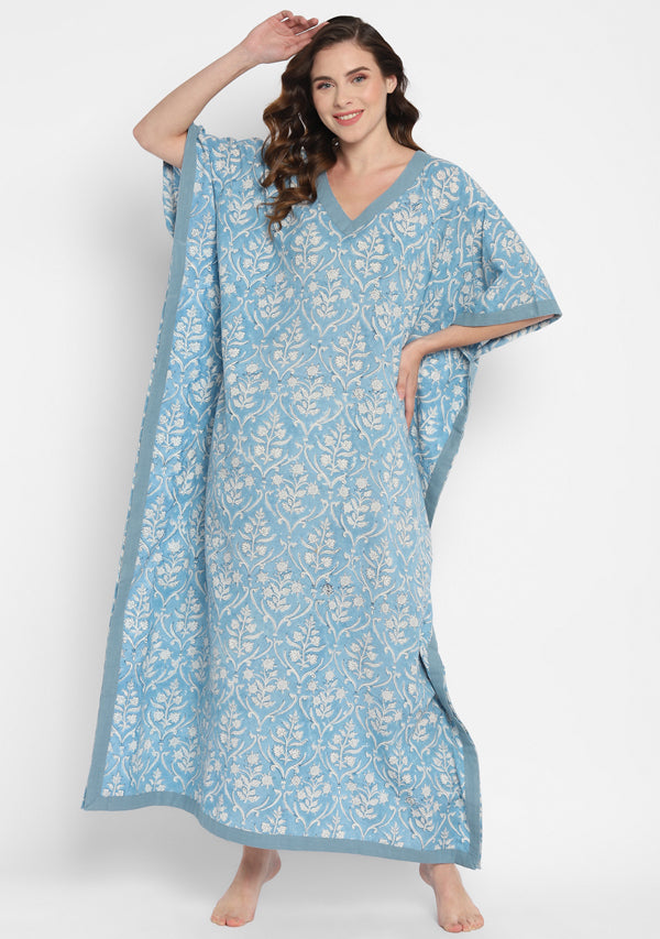 Smoke Blue White Hand Block Floral Printed V-Neck Cotton Kaftan