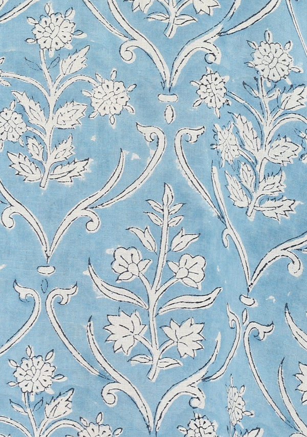 Smoke Blue White Hand Block Floral Printed V-Neck Cotton Kaftan
