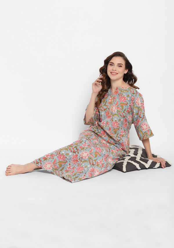 Smoke Blue Pink Hand Block Floral Printed Cotton Nighty Kaftan