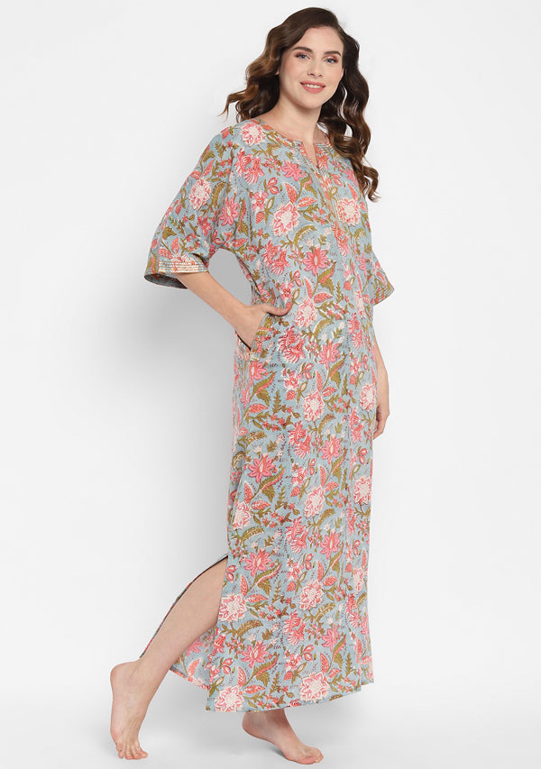 Smoke Blue Pink Hand Block Floral Printed Cotton Nighty Kaftan