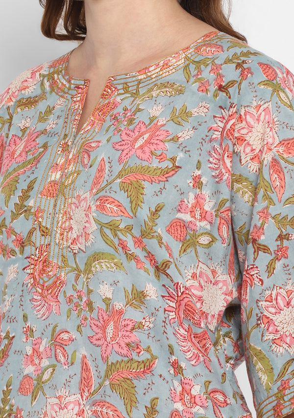 Smoke Blue Pink Hand Block Floral Printed Cotton Nighty Kaftan