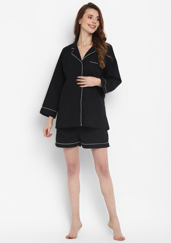 Black Collared Long Sleeve Cotton Shirt paired with Shorts
