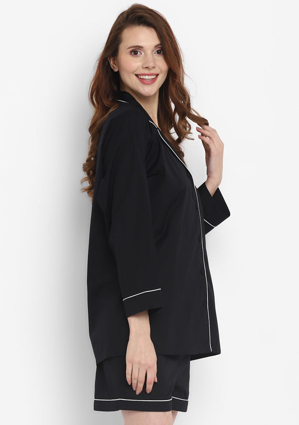 Black Collared Long Sleeve Cotton Shirt paired with Shorts