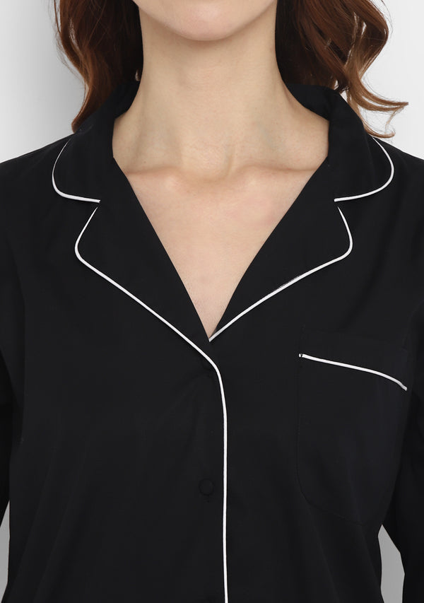 Black Collared Long Sleeve Cotton Shirt paired with Shorts
