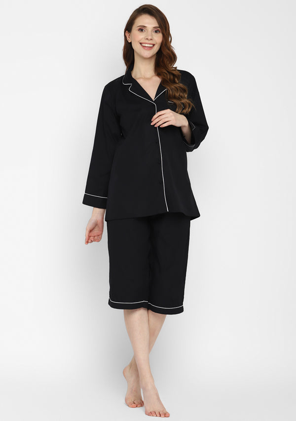 Black Collared Long Sleeve Cotton Night Suit paired with Capris