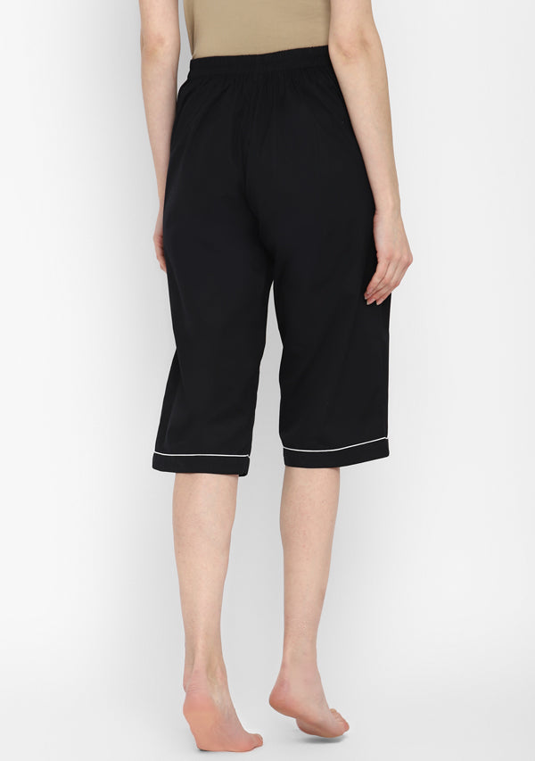 Black Collared Long Sleeve Cotton Night Suit paired with Capris