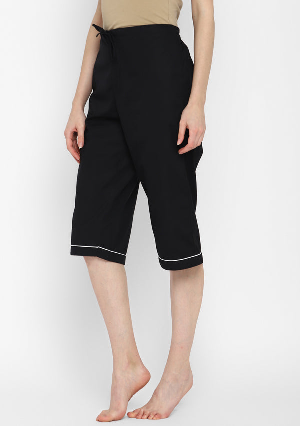 Black Collared Long Sleeve Cotton Night Suit paired with Capris