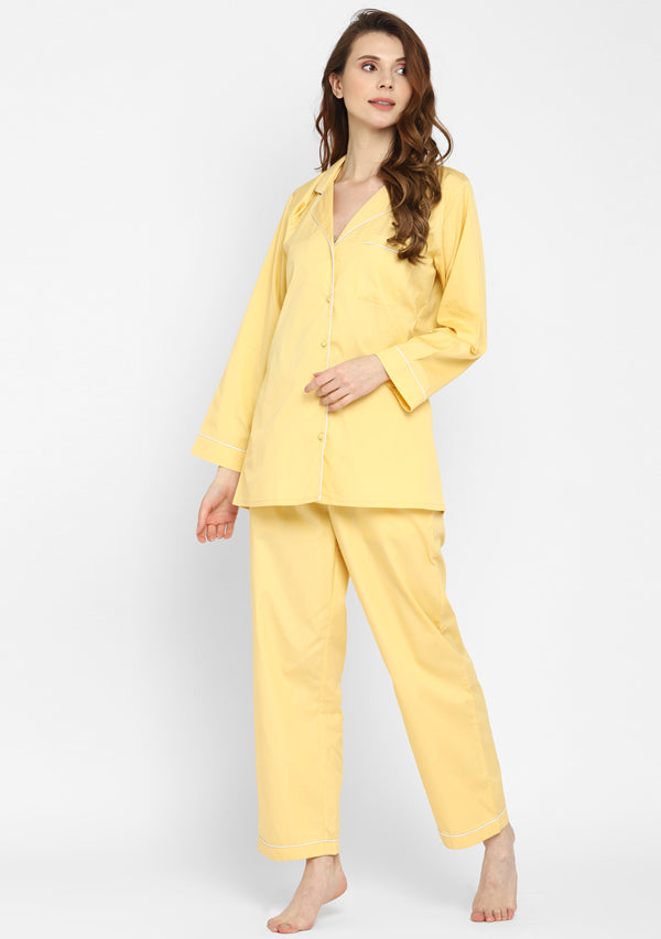Yellow Collared Long Sleeve Cotton Night Suit paired  with Pyjamas