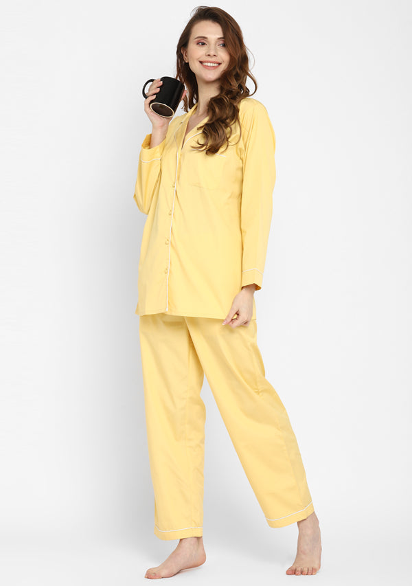 Yellow Collared Long Sleeve Cotton Night Suit paired  with Pyjamas