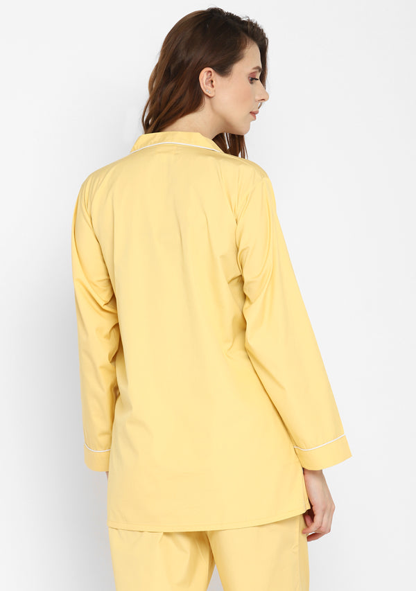 Yellow Collared Long Sleeve Cotton Night Suit paired  with Pyjamas