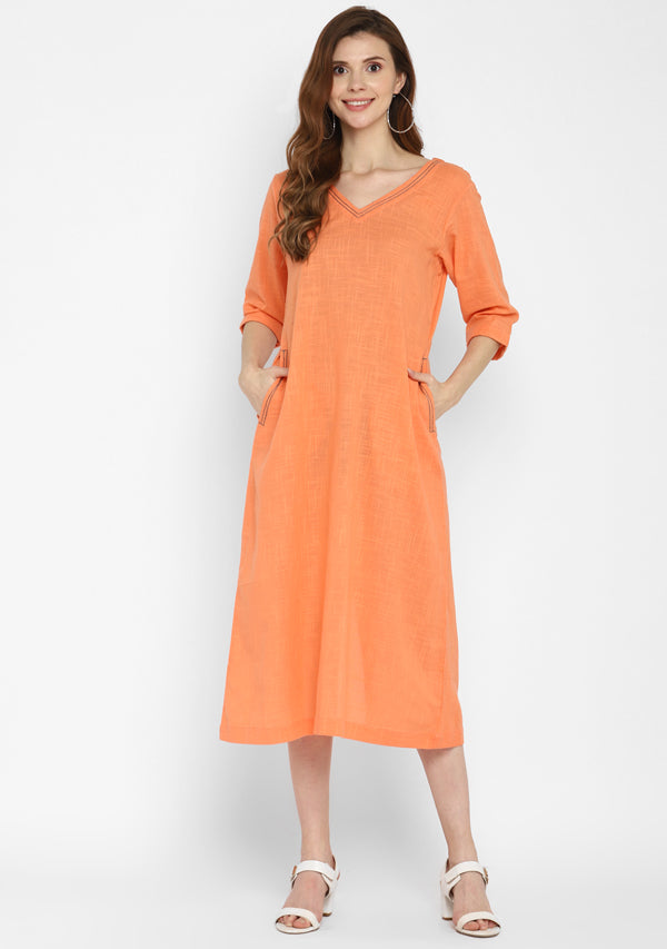Peach V-Neck Cotton Dress with Pockets