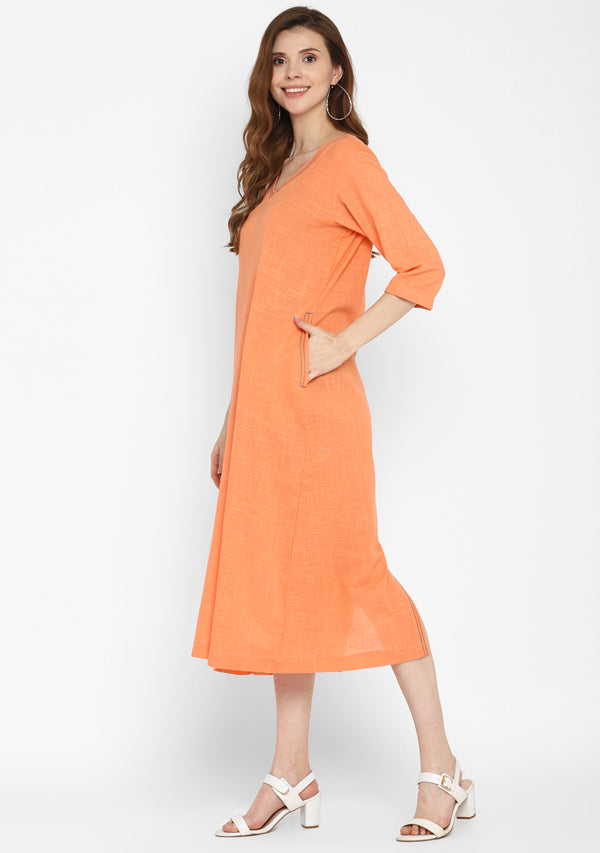 Peach V-Neck Cotton Dress with Pockets
