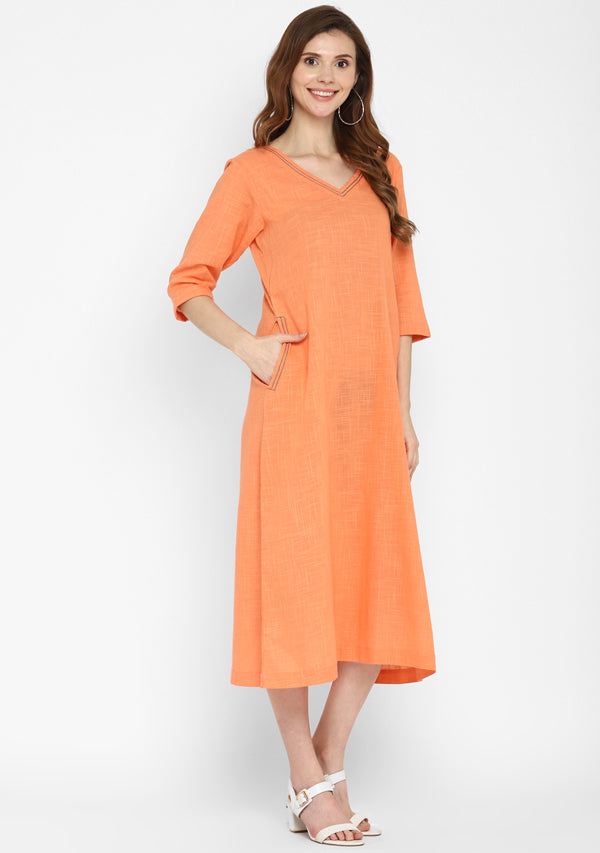Peach V-Neck Cotton Dress with Pockets