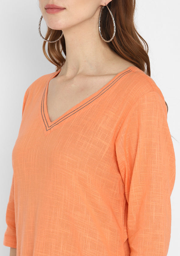 Peach V-Neck Cotton Dress with Pockets